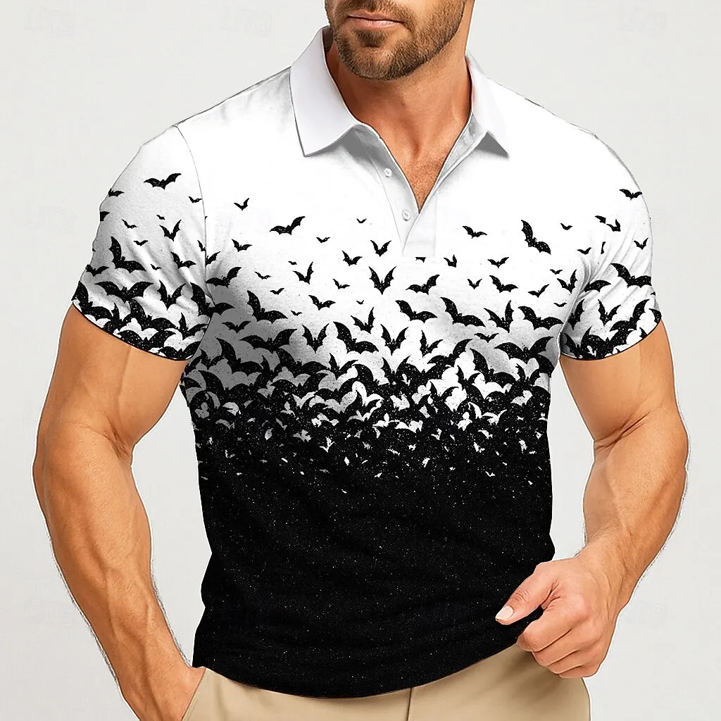 2025 Halloween Men's Bat Fashion Short Sleeved Polo Shirt Collared Shirt Casual Tops Outdoor Street Polo Shirts fo Men