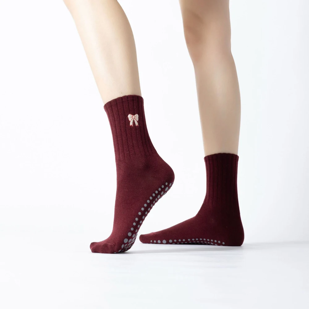 Dark Red Stripes Yoga Pilates socks for women Non-slip floor sports Calf socks Fashion all-match trend socks image 6