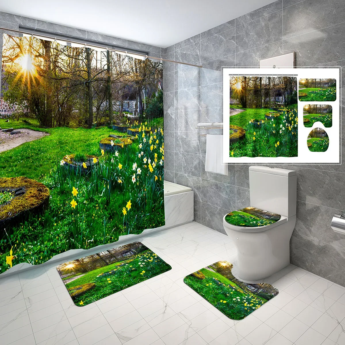 4 Pcs European Garden Shower Curtain Sets with Toilet Lid Cover and non-slip Bath Mat Spring Daffodils Grass Shower Curtain Set