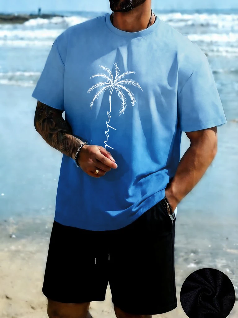 

Coconut Tree Creative Sketch Prints Men Vacation Tie-Dye T-Shirt Casual Cotton Short Sleeve Breathable Sport Shorts Soft Top Set