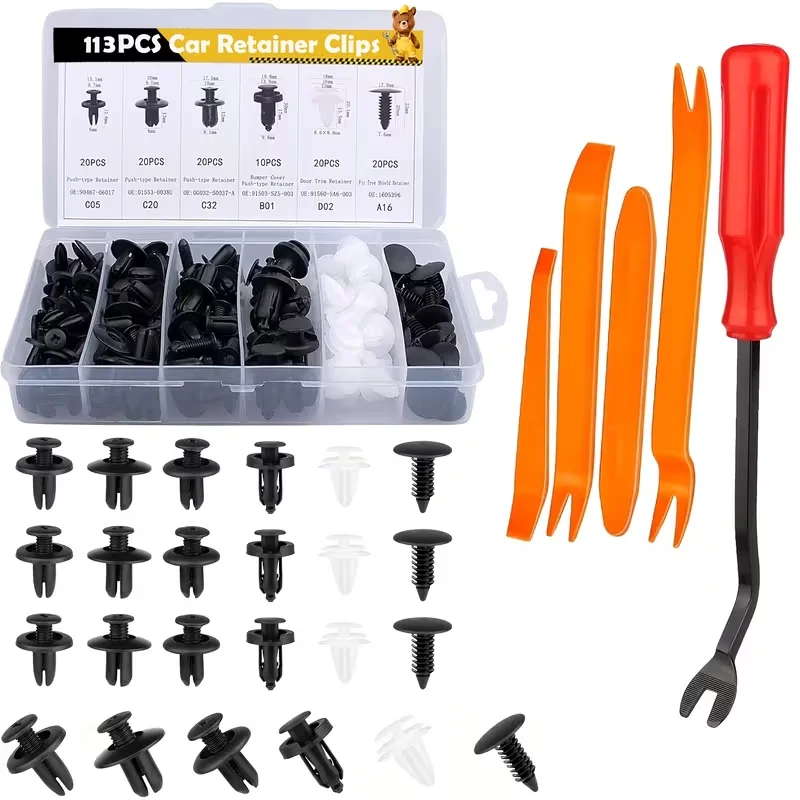55 PCS/113PCS Universal Car Retainer Clips Kit, Plastic Push‑In Rivet Fasteners, Replacement Clips for Bumper, Fender Liner, Door Trim Panel & Engine Cover