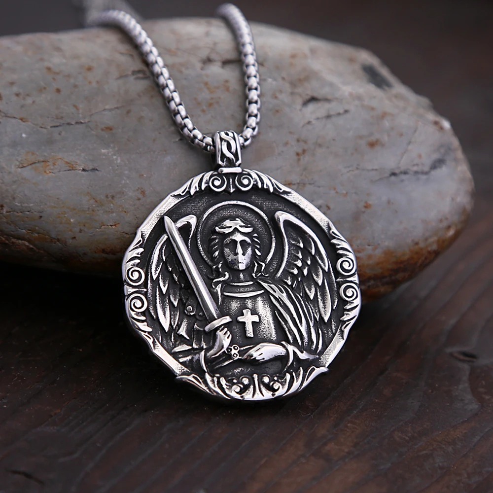 

Vintage Classic Saint Michael Angel Pendant Punk Stainless Steel Motorcycle Amulet Angel Necklace Fashion Jewelry Gift Wholesale