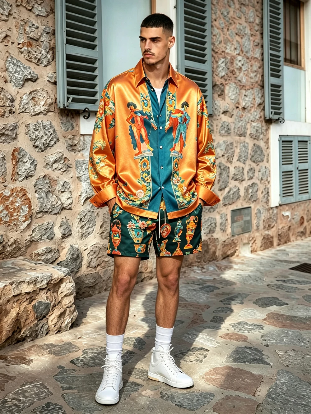 Men's Premium Light Luxury Polyester Long-Sleeve Shirt & Shorts 2-Piece Set, Artistic Pattern Print Shirt, Men's Outfit for Fest