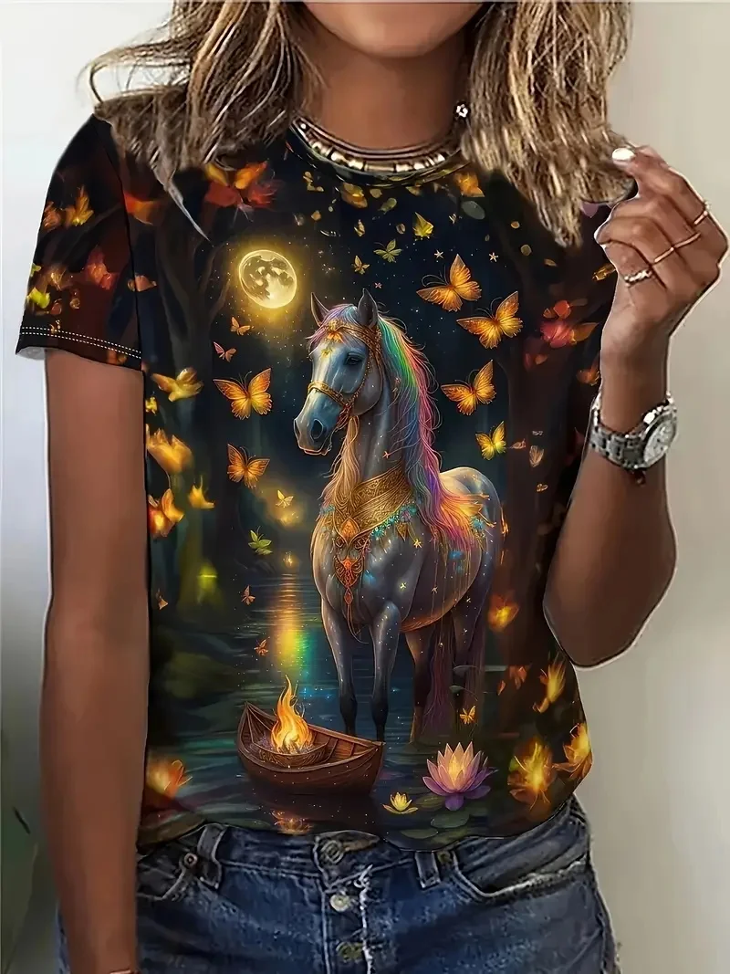 Summer Unique Horse 3D Print T-shirts Women Streetwear Casual Fashion Y2k Short Sleeve T Shirt O-neck Tees Tops Clothing