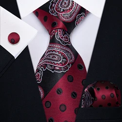 Luxury Men's Red Gray Striped Paisley Black Dot Necktie with Pocket Square Cufflinks for Man Business Party Wedding Classic Tie