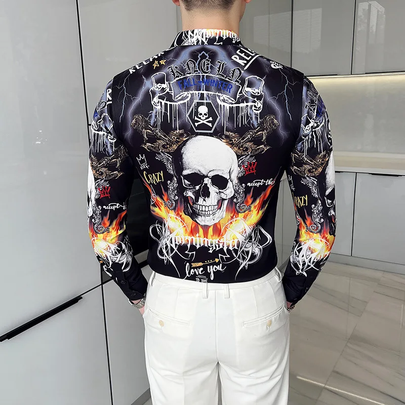 Men Vintage Slim Fit Long Sleeve Shirt Spring New Flame Skeleton Print White Shirts Business Casual Blusas Camisa Masculina 6XL