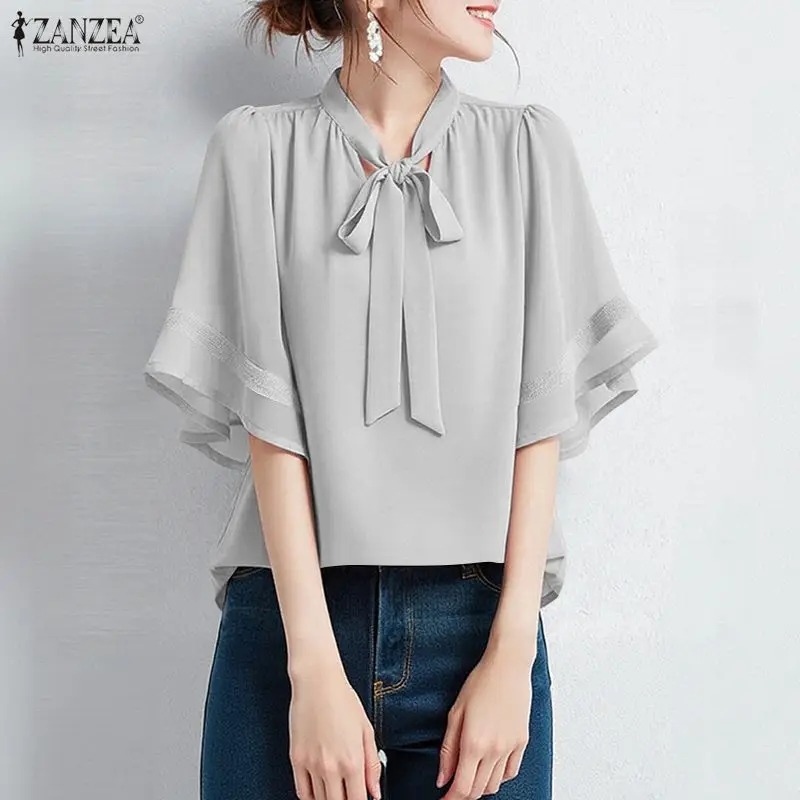 

Женская летняя офисная блузка ZANZEA 2026: Элегантная однотонная рубашка с круглым вырезом, повседневная туника с коротким рукавом, топы с завязками, женские блузы