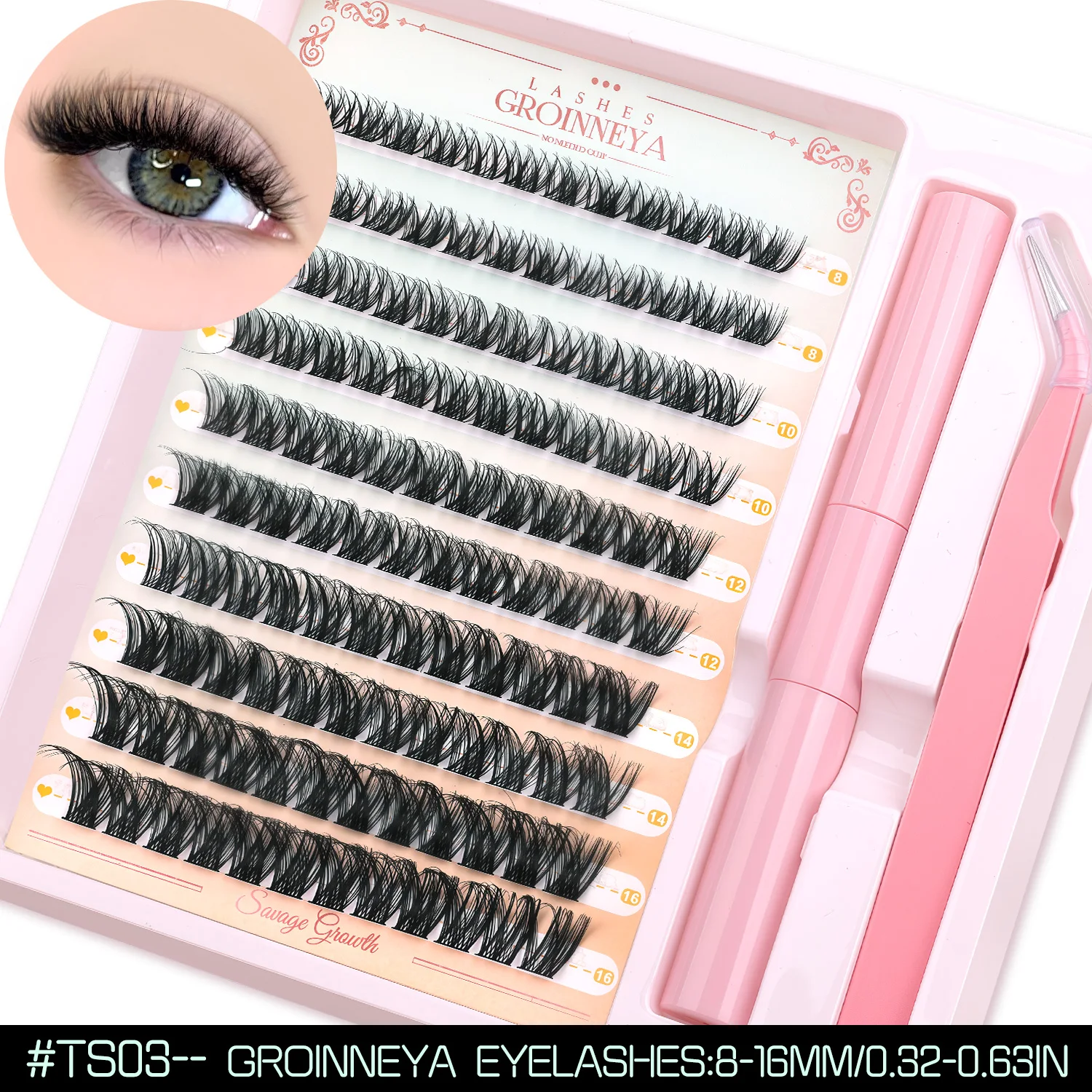 GROINNEYA Flauschiges Wimperncluster-Set mit wasserdichtem, starkem Halt, DIY-Wimpernverlängerungsset, Wimpernbindung, Versiegelung und Wimpernpinzette, Make-up – Detail 9