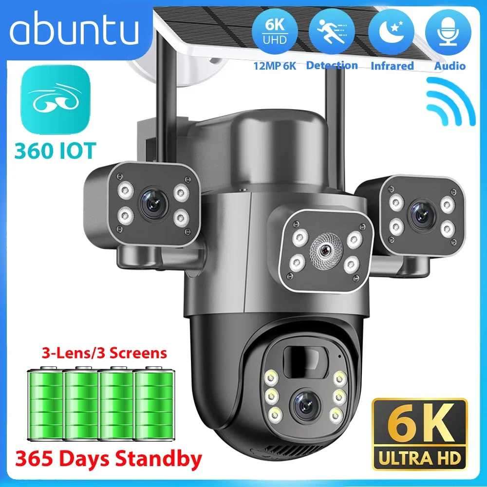

12MP 6K Three Screens Solar Camera Wifi Outdoor Built-in Battery PIR Human Detection 365 Days Standby Wireless Security Camera