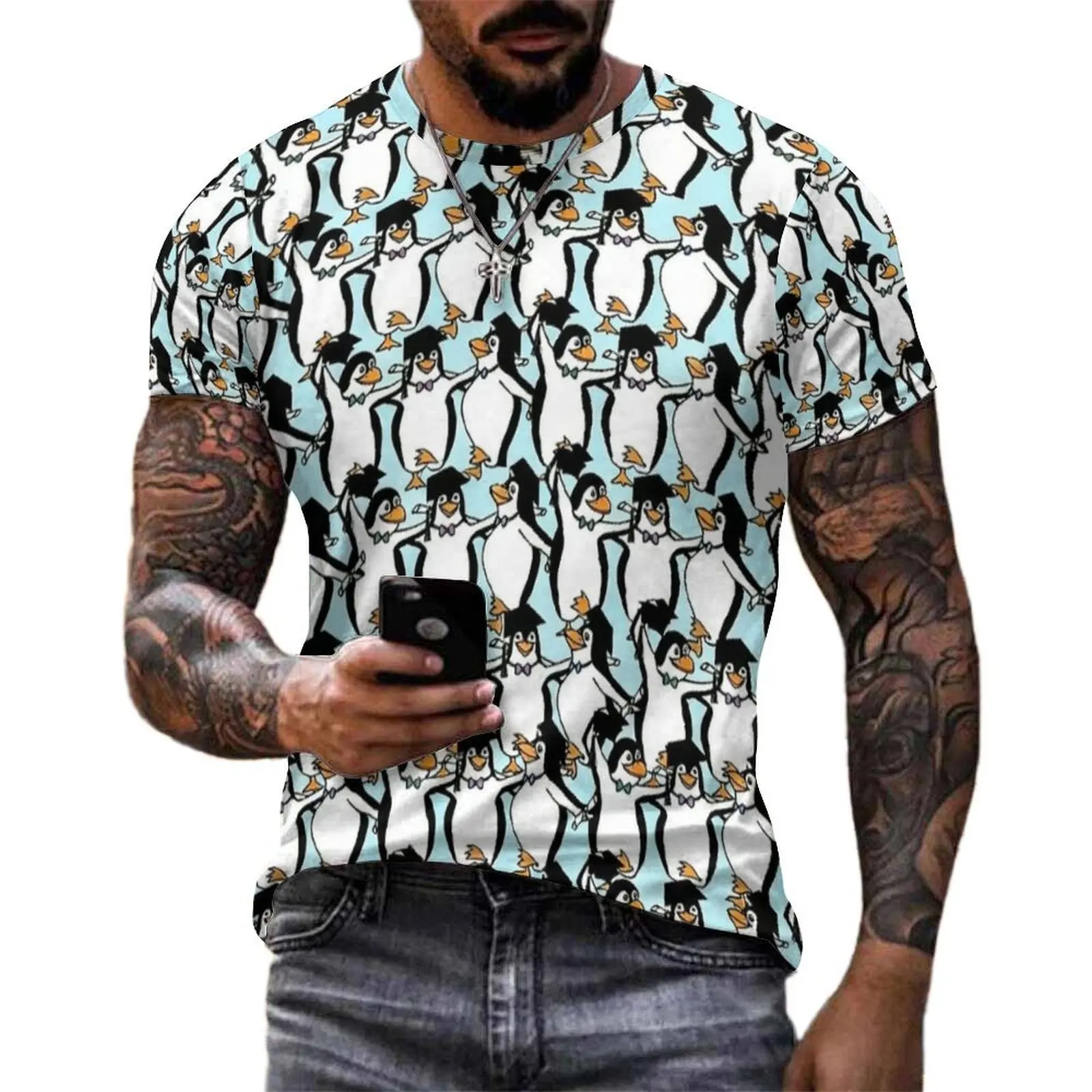 Summer T-Shirt Graduation Penguins Print T-Shirts  Aesthetic Cool Tee Shirt For Men Short Sleeve Graphic Plus Size Clothing