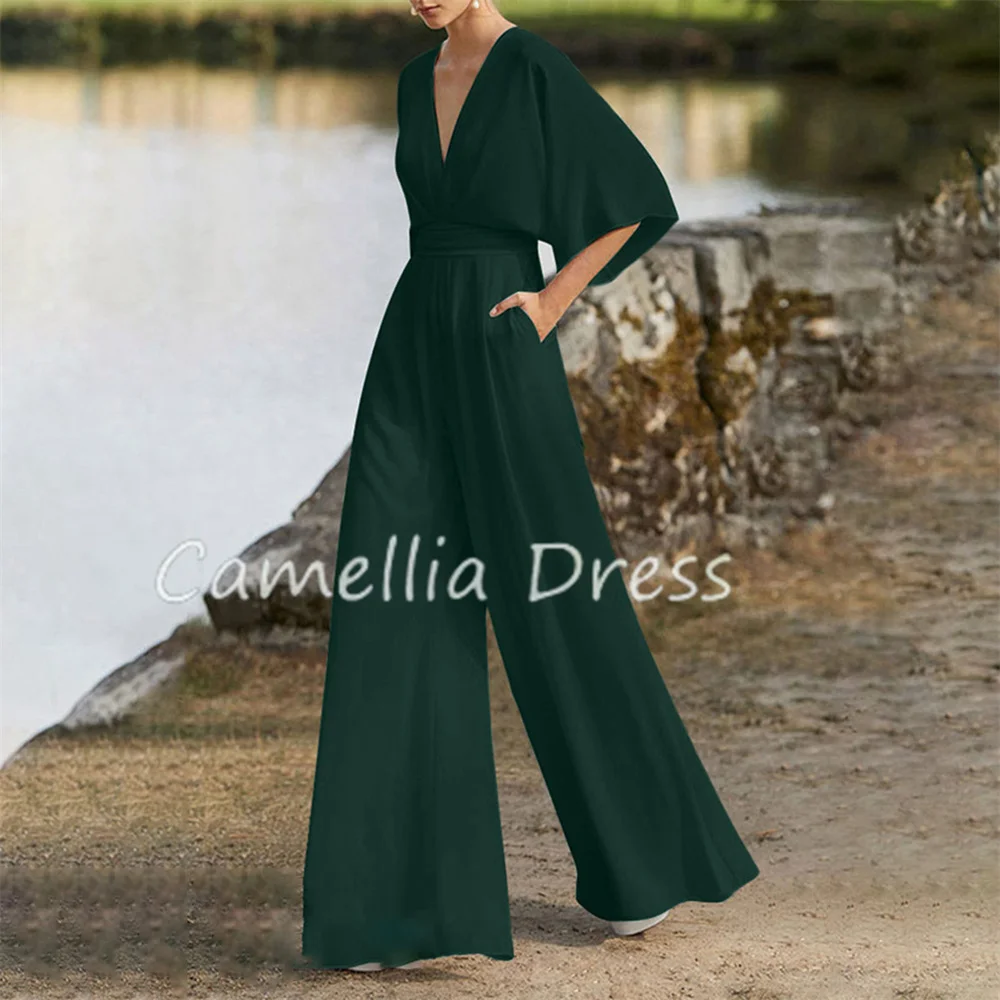 New V Neck Mother Of The Bride Dress Pantsuit Half Sleeves Floor Length Chiffon Formal Dresses Vestidos Mae Da Noiva Casamentos