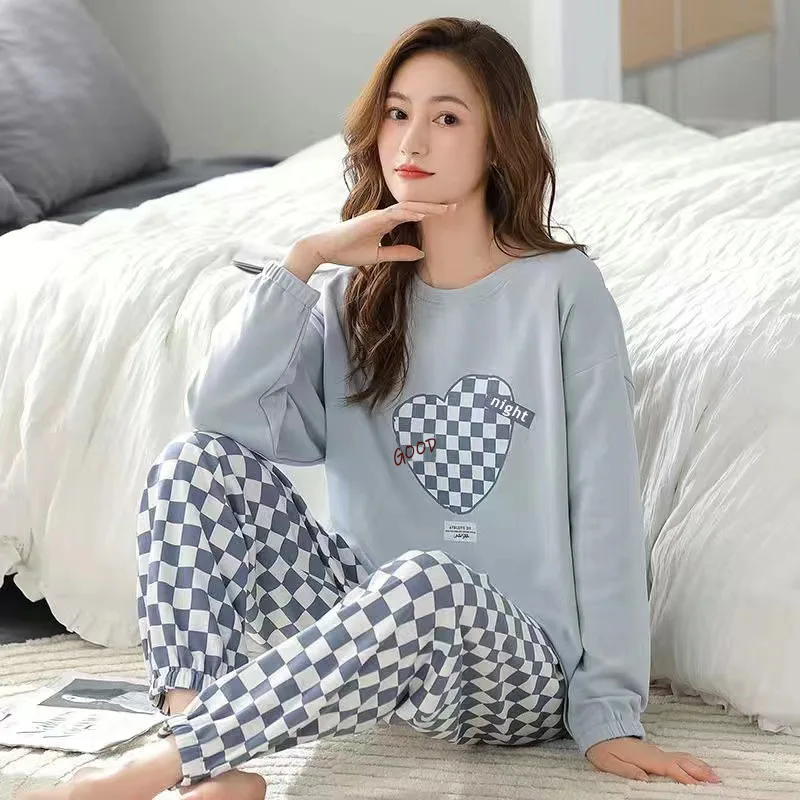 Women Autumn Winter Long-Sleeved Pyjamas Korean Version of the Blue Love Plaid Trousers Homewear Outside School Girl Sleepwear