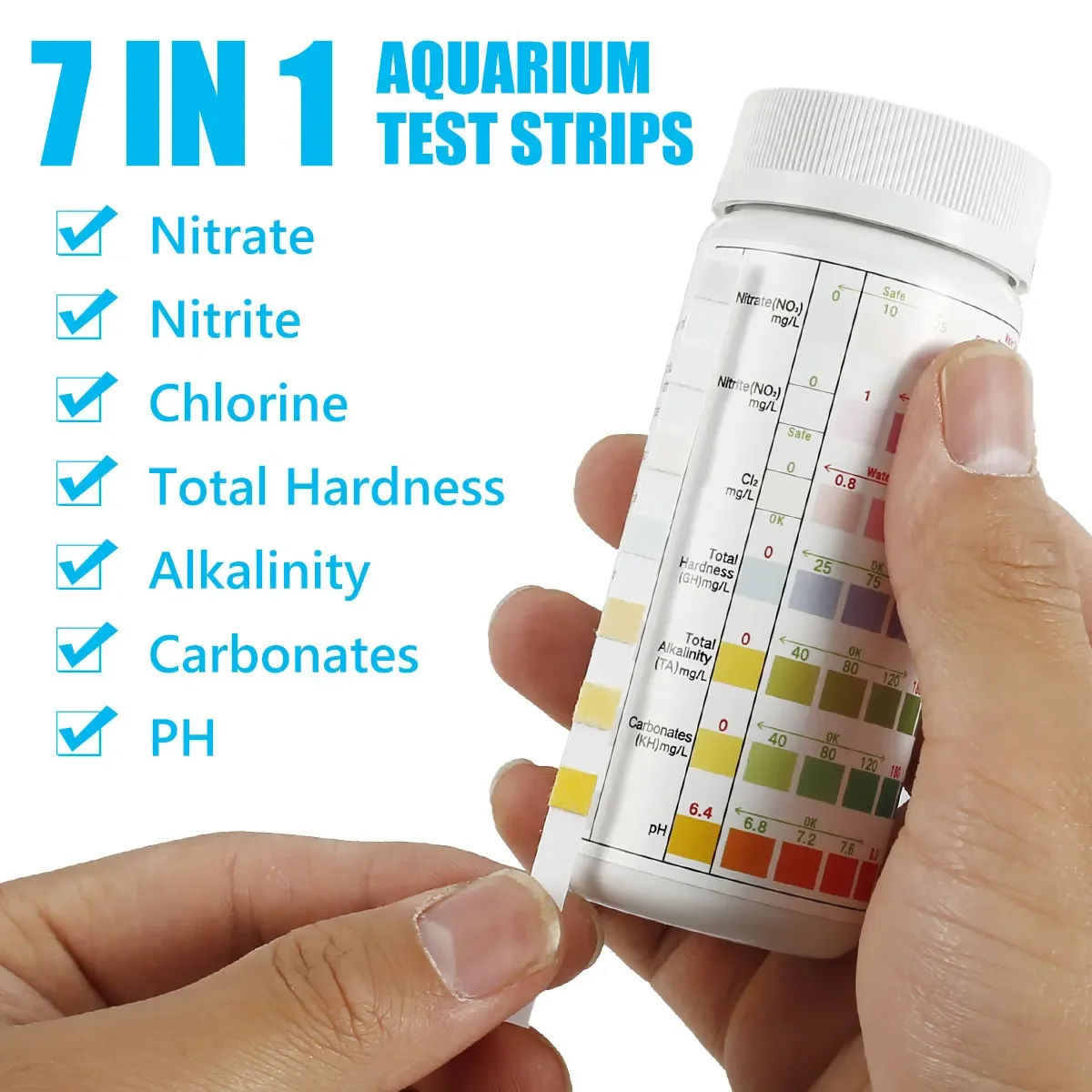 100 Uds 7 en 1 tiras de prueba de calidad del agua Kit de prueba de tanque de peces nitrato/PH tira de prueba de dureza Total agua de acuario para piscicultura