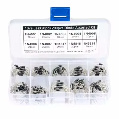 200Pcs 10 Values Rectifier Diode Assorted Kit 1N4001 1N4002 1N4003 1N4004 1N4005 1N4006 1N4007 1N5817 1N5818 1N5819 + Box
