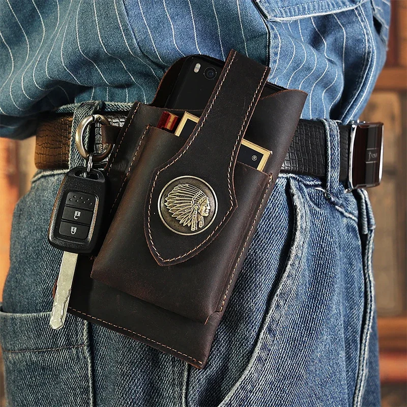 Mens Genuine Leather Waist Bag Mobile Phone Bag Male Outdoor Men's Fanny Pack Key Vertical Wearing a belt around the Waist Bag