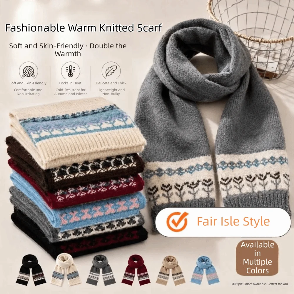 Classic Wool Jacquard Knitted Scarf Floral Thickened Winter Cashmere Scarves Warm Korean Style Fair Isle Style Shawl Women/Men