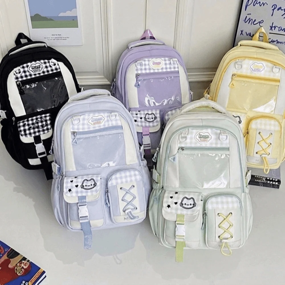 Preppy Style Multi-Compartment School Backpack Large Capacity Lightweight Plaid Color Block Daypack Multi-Pocket Zipper Rucksack