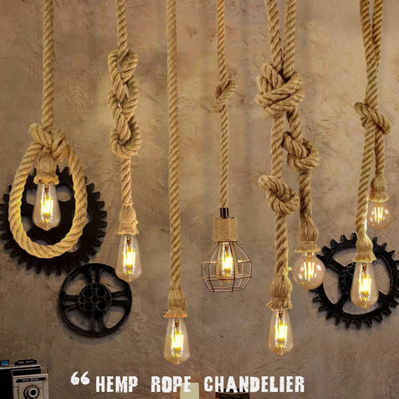

Creative Diy American Retro Hemp Rope Pendant Lights Industrial Style Restaurant Cafe Leisure Bar Single/double Head Chandeliers