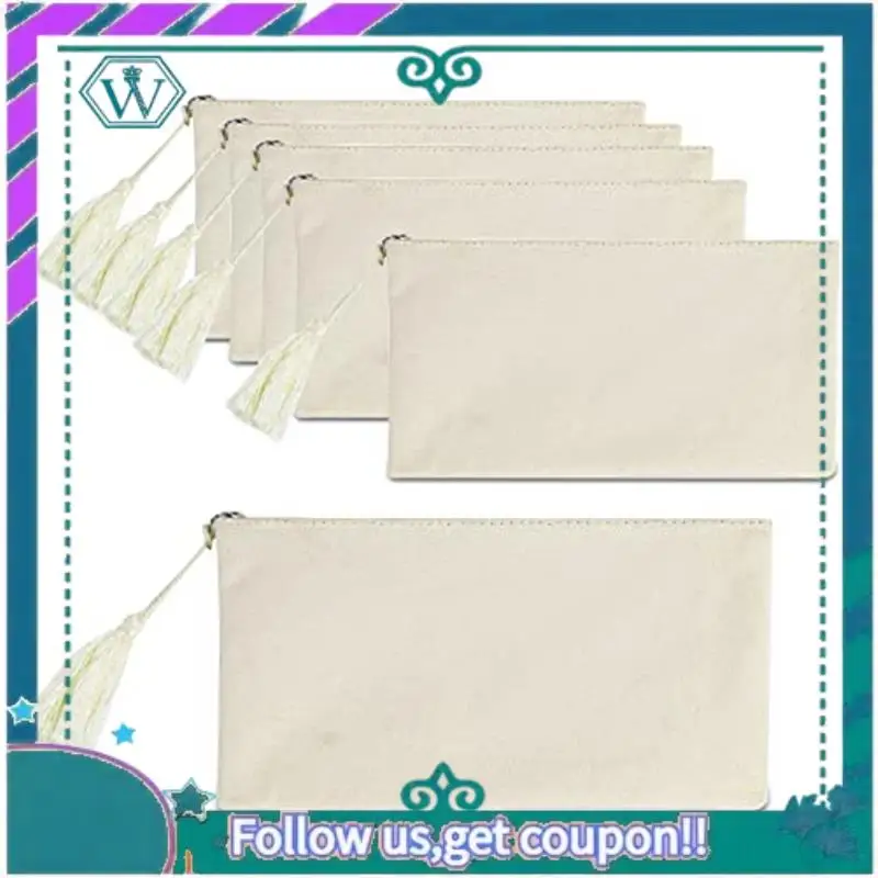 

6 PCS Blank DIY Craft Canvas Pencil Pouch Pocket Cosmetic Bag Pouch Bulk Cosmetic Bag (Beige 8.5 X 5.1 Inch)