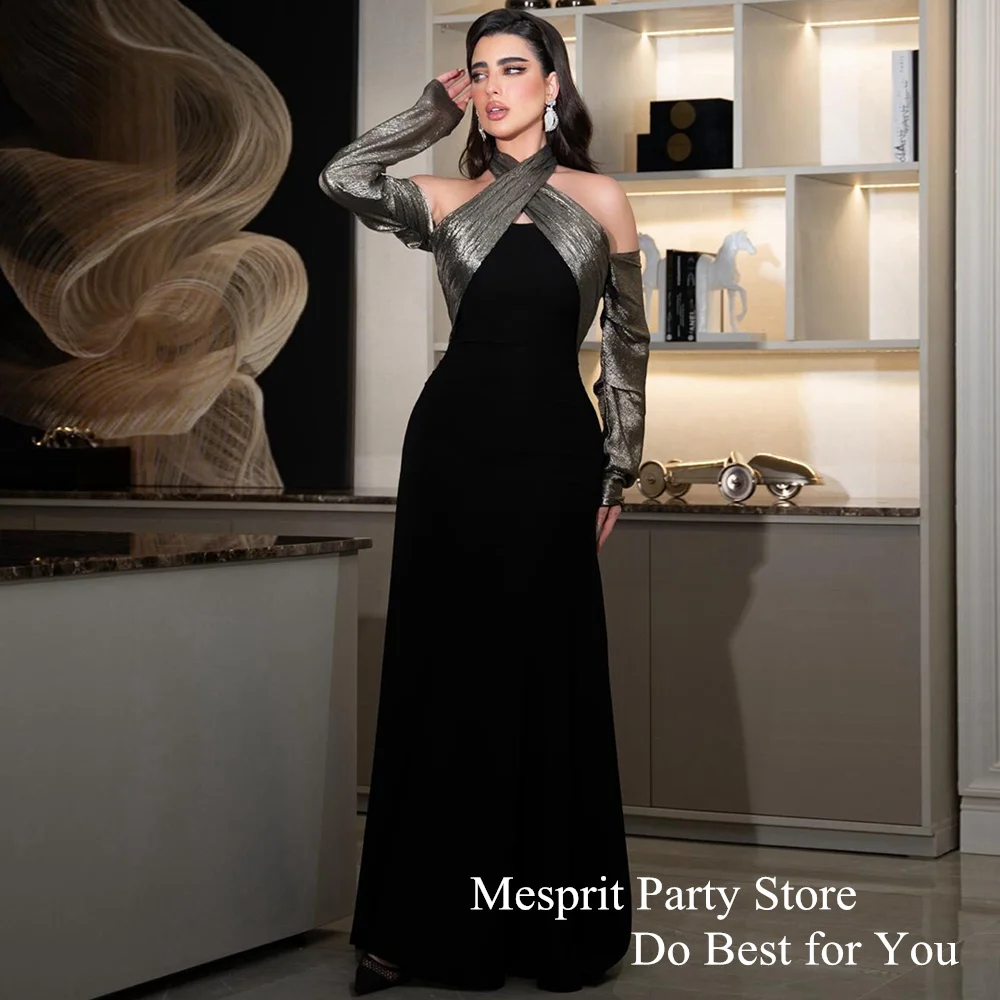 Sexy Evening Dress Saudi Arab Prom Gown Halter Long Sleeve Pleat A Line Floor Length Dubai Party Gown Custrom Color Prom Dresses