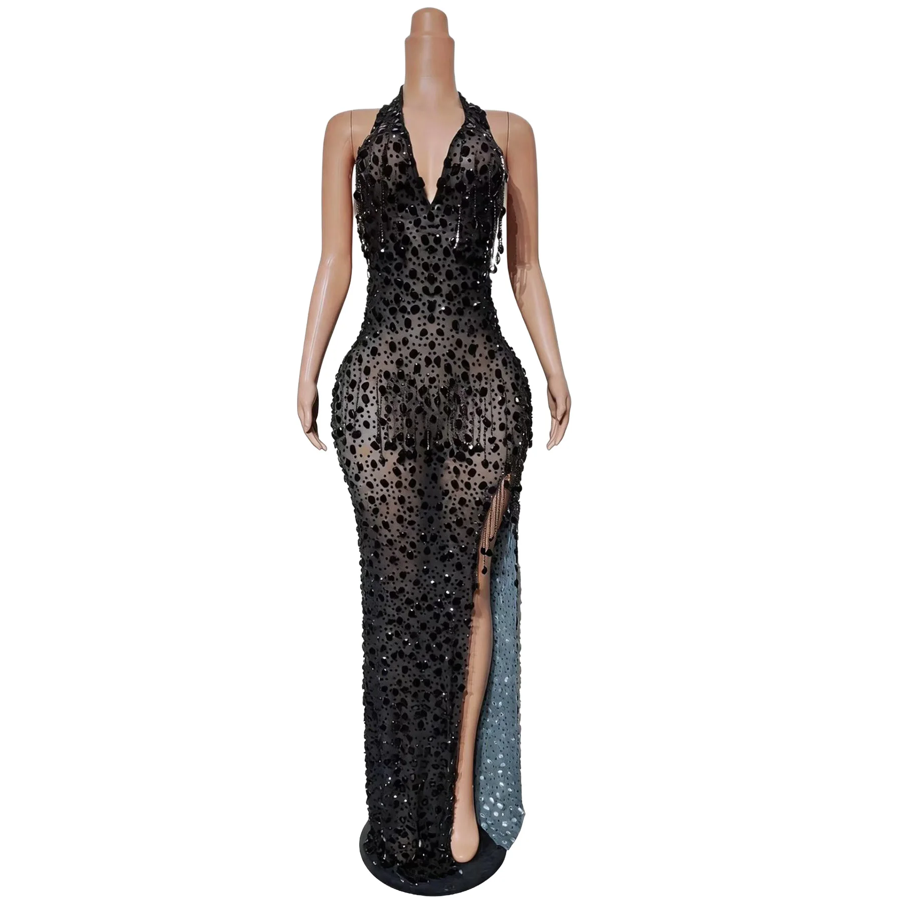 Chiyan Women Black Rhinestone Mesh Mermaid Evening Dress Halter Deep V Neck High Slit Tassel Fringe Formal Prom Party Gown
