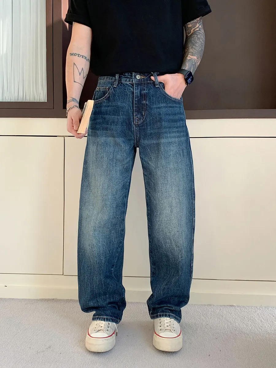 

Retro American Heavyweight Waed Blue Straight Leg Men's Jeans Casual Loose Fit Spring Autumn New Sle Versatile Long Trousers