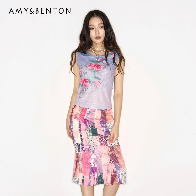 

New Elegant Colorful Printed Mermaid Low Waist Women's Bodycon Skirt Vintage Design Slimming Versatile Mid Length Skirts Ladies
