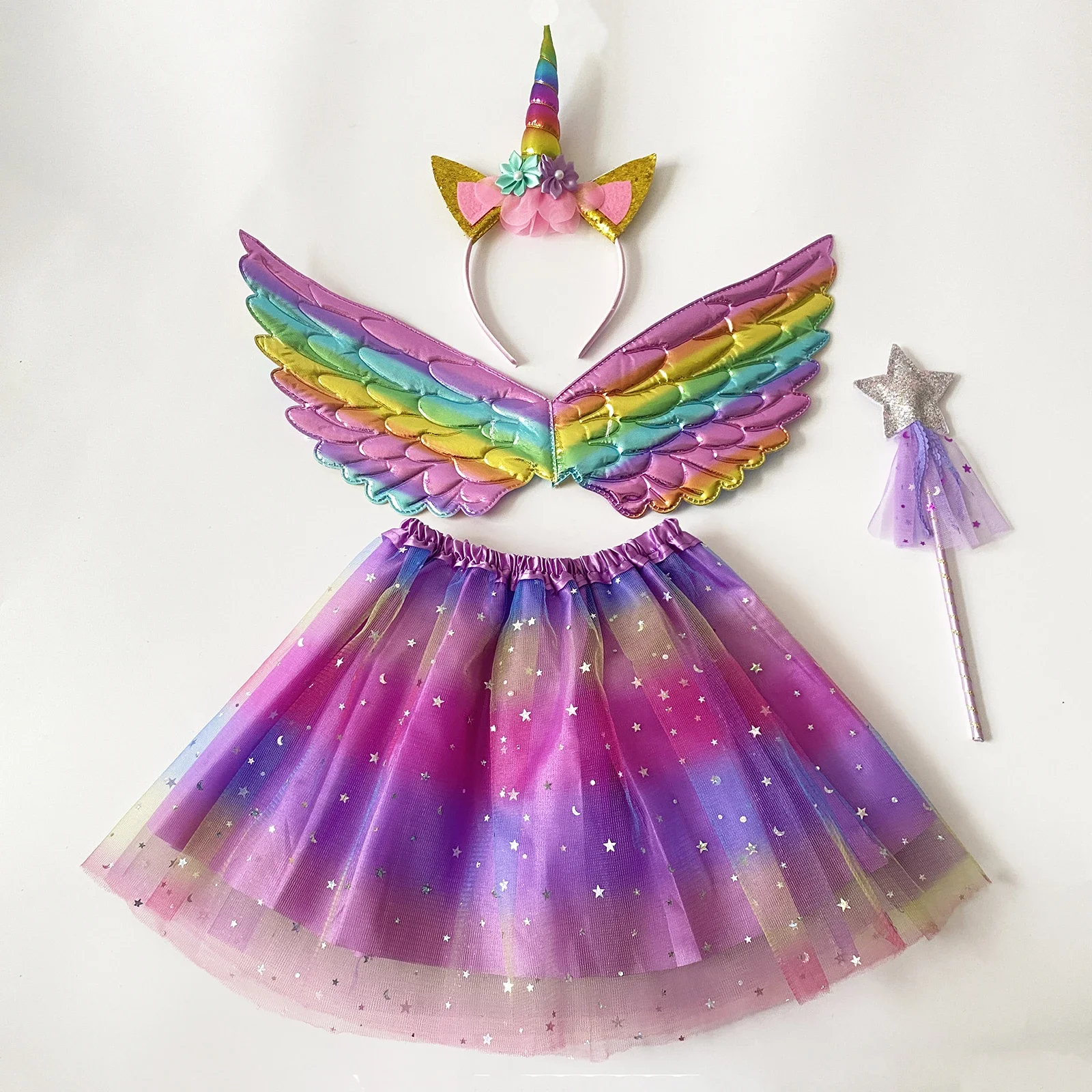 여자 공주 유니온 머리띠 날개 스타 마법 지팡이 튜튜 스커트 4개/세트, 안감이 있는 스커트, 파티 댄스 코스프레 의상용