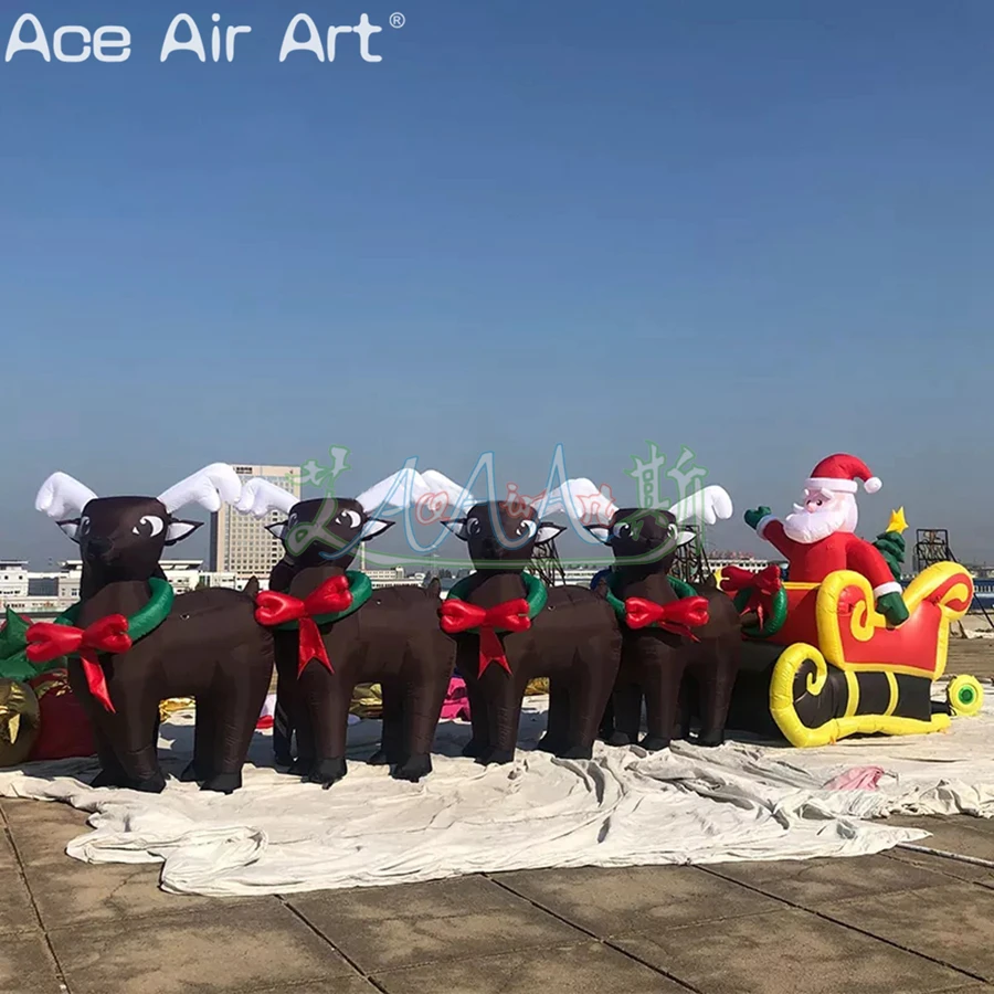 Four Elk Pull Santa Claus Inflatable Sleigh Christmas Decorations for Outdoor Display or Large-scale Activities