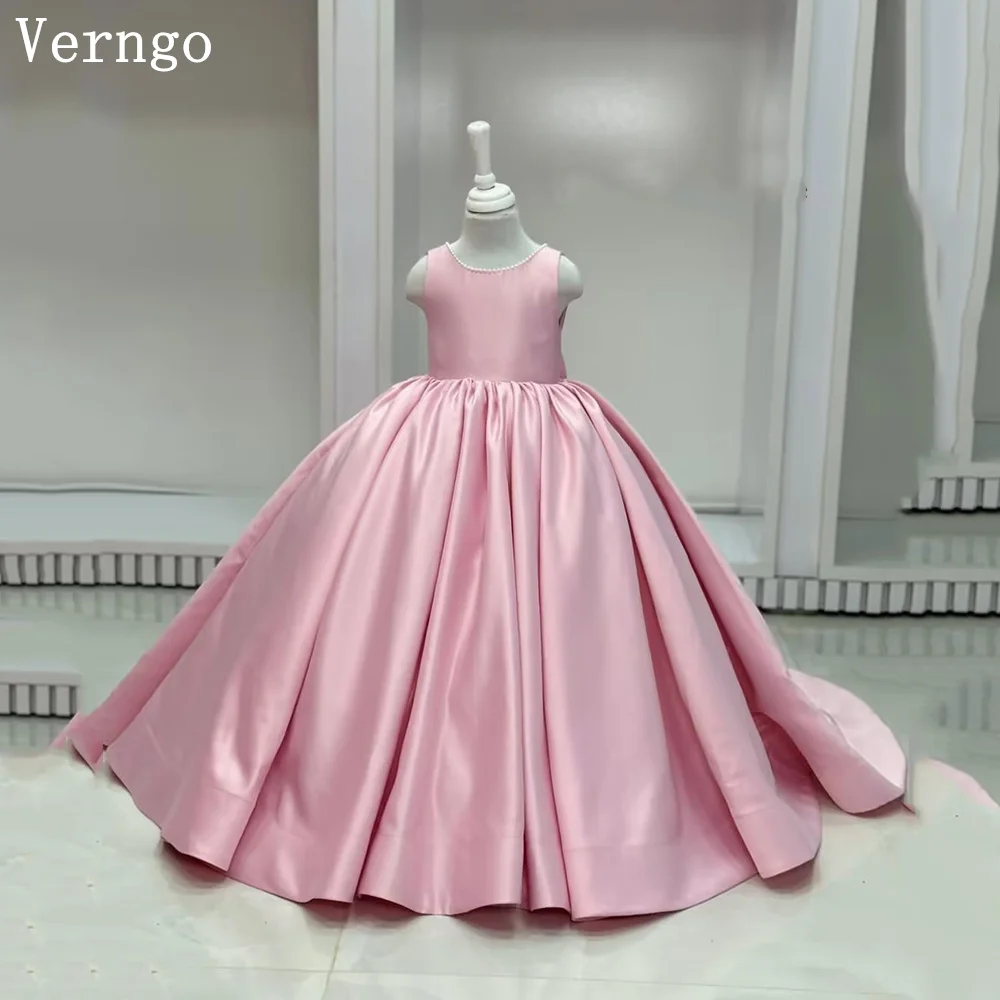 Sukienki Verngo dla dziewczynek na urodziny, różowe satynowe, z dekoltem typu O, linia A, z kokardą, sukienki z kwiatami, elegancka sukienka księżniczki, sukienka celebrytki, możliwość personalizacji