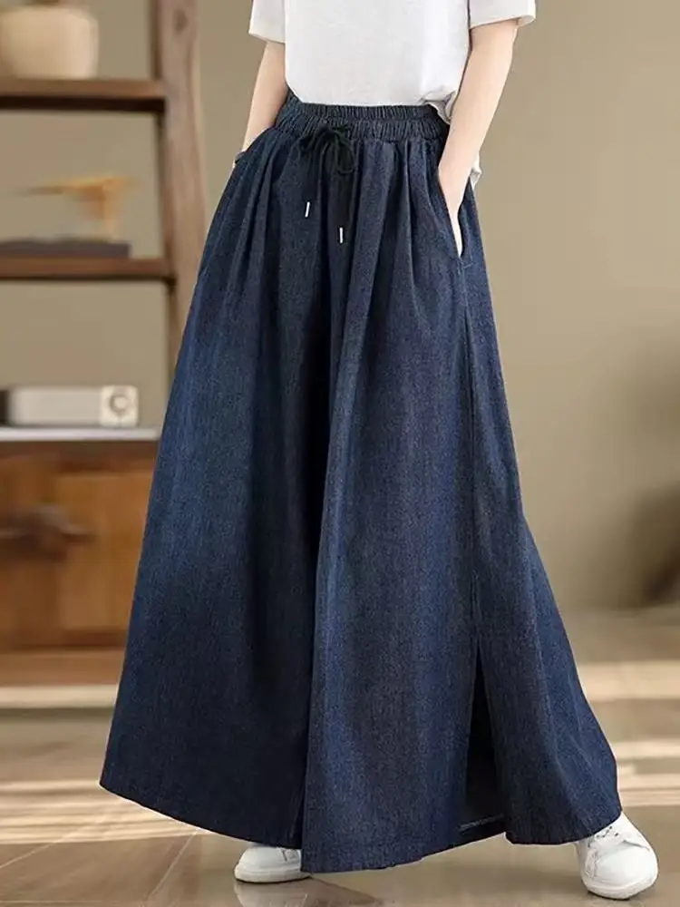 Hoge taille wijde pijpen denim rok broek dames lente zomer casual a-lijn maxi rok zijsplit lange broek losse pasvorm blauw