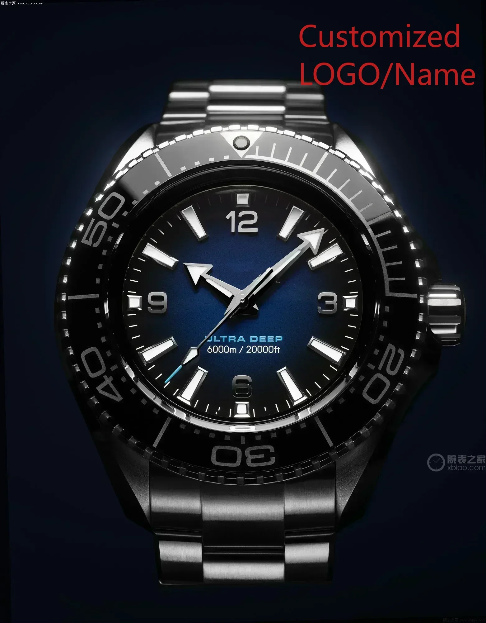 メンズ自動機械式時計ブルーブラックセラミックベゼルステンレススチールサファイアウルトラディープ45mm腕時計カスタマイズ