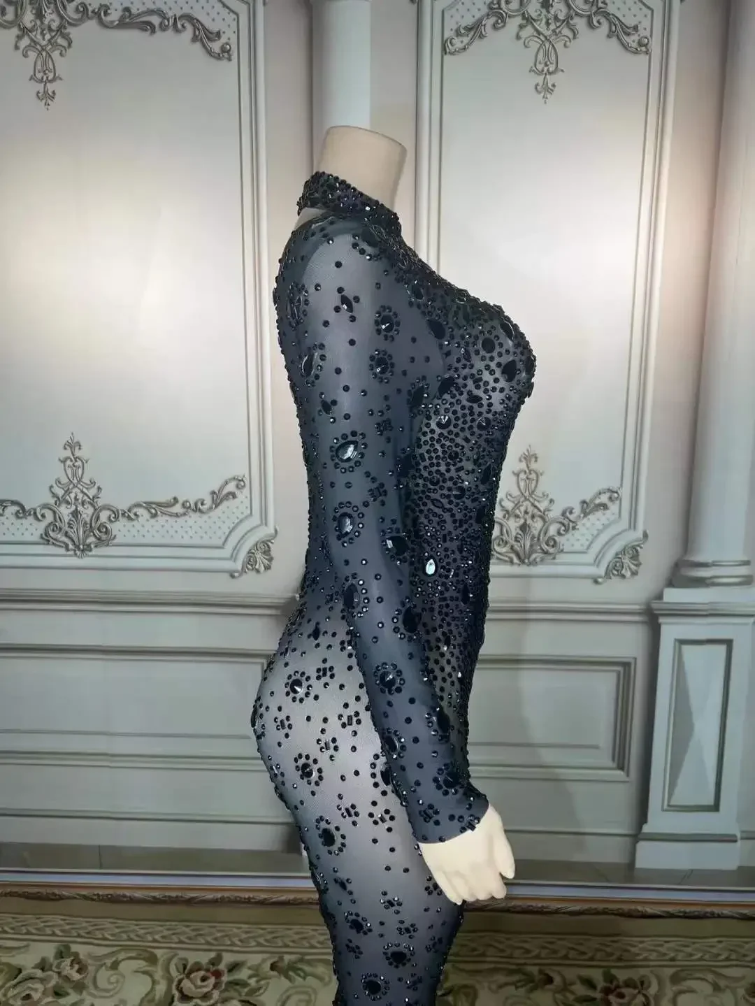 Combinaisons de danse scintillantes à manches longues pour femmes, strass, spectacle sur scène, Drag Queen, tenue d'anniversaire, barboteuse avec pierres précieuses