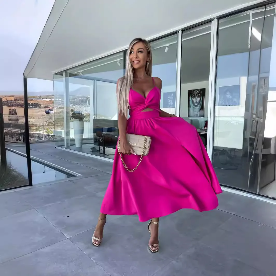 Sexy moderno A-Line satén Spaghetti Strap sin mangas té longitud vestido de noche Formal vestido de fiesta ropa de fiesta 2025 personalizado gratis