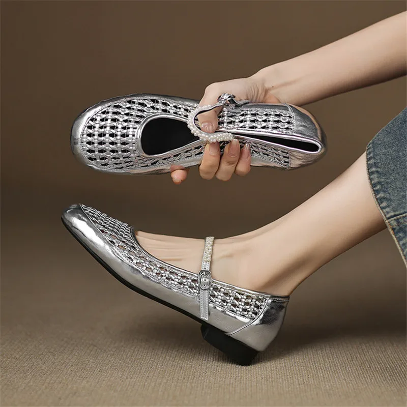 New Spring/Summer Split Leather Women Shoe Fashion Hollow-out Round Toe Low Heel Shoes for Woman Handmade Women Mary Jane Shoes