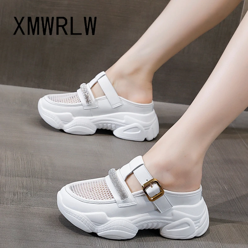 

XMWRLW Summer Women Slippers Genuine Leather Half Shoes For Women Summer Slippers Fashion High Heels Woman Wedges Shoes Slipper