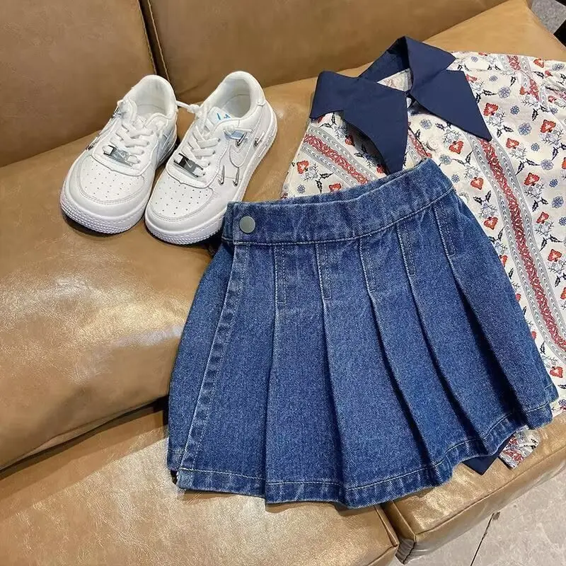 Girls Denim Skirts Vintage Girls\' pleated skirt 2024 new summer Teenageculottes fake two children\'s skirts and shorts girls