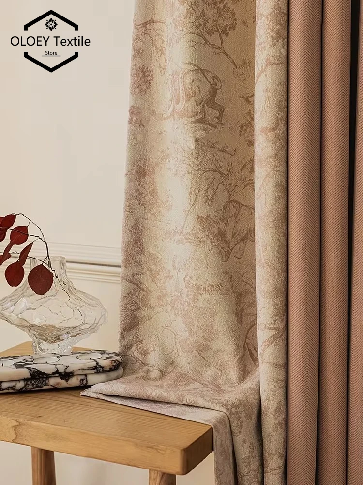 Curtains for Living Room Bedroom in Beige Chenille Herringbone Blackout Drapes with Thermal Insulation for Luxury Home Decor