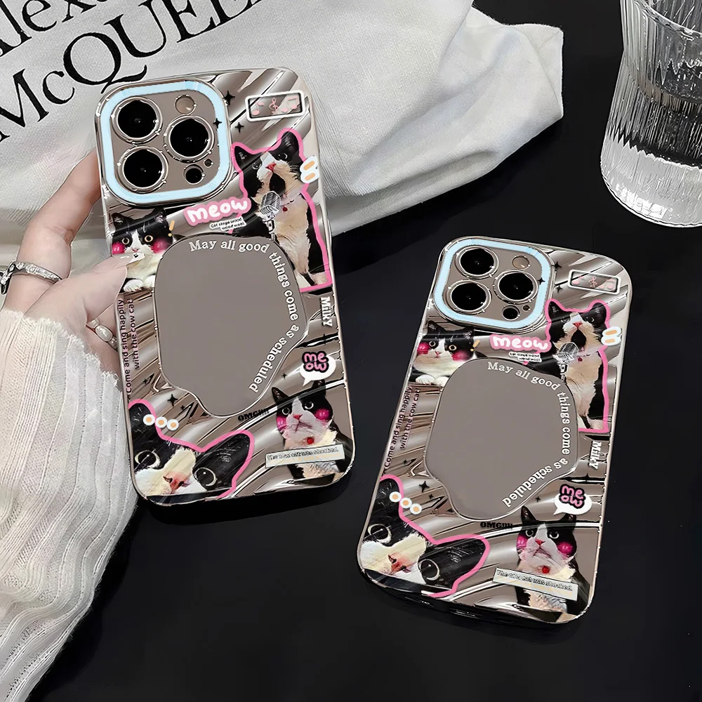 Coque de téléphone miroir à motif argenté pour Apple iPhone 17 16 15 14 13 12 11 Pro Max Air Cases Kawaii Noir Blanc Chats Meow Style Ins