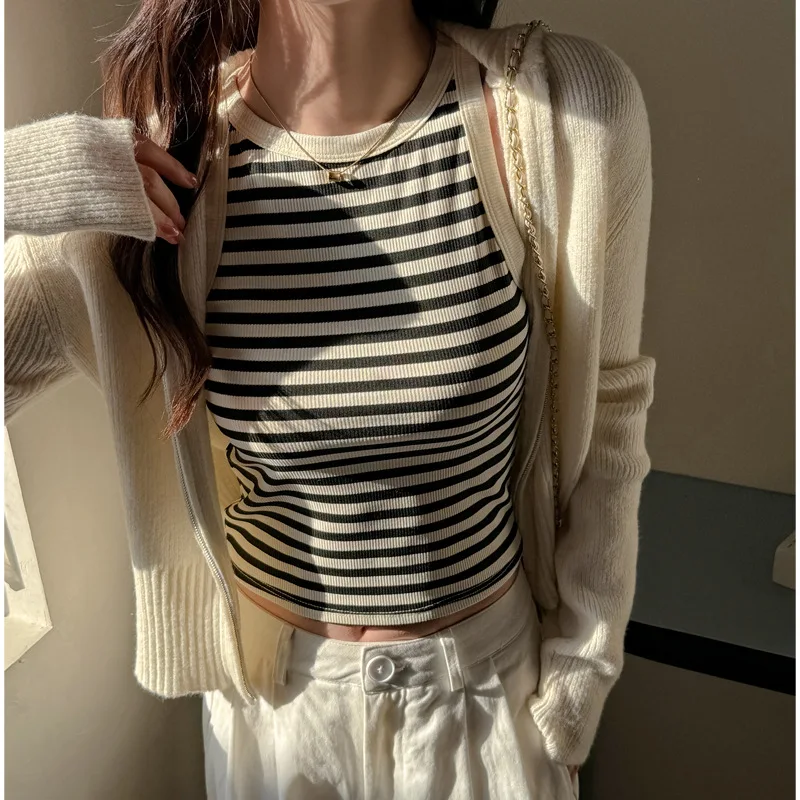 Korean Fashion Stripe Vest For Female Soft Summer Simple Tank Top Thread Sleeveless Bottom Tops Daily Breathable Outerwear