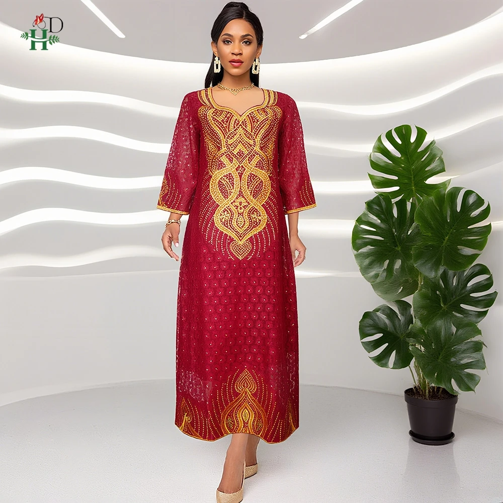 

H&D African Dresses For Women Traditional Embroidered Djellaba Dress Lace Bubu Robe Diamond Party Gowns Boubou Trads Wears