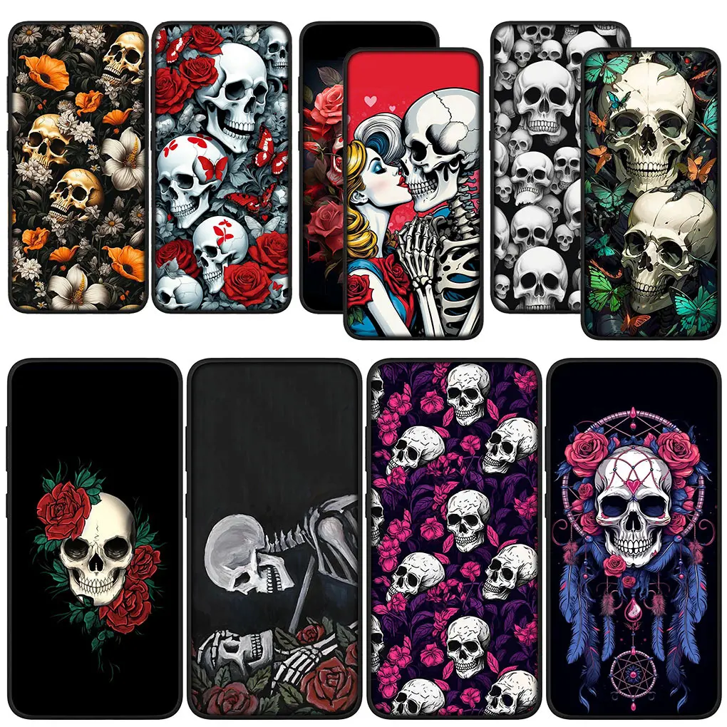 Skull Flower Rose Cover Phone Case for OPPO A17 A15 A16 A53 A54 A57 A78 A79 A58 A38 A98 A94 A96 A74 A95 A77 A76 Soft Casing