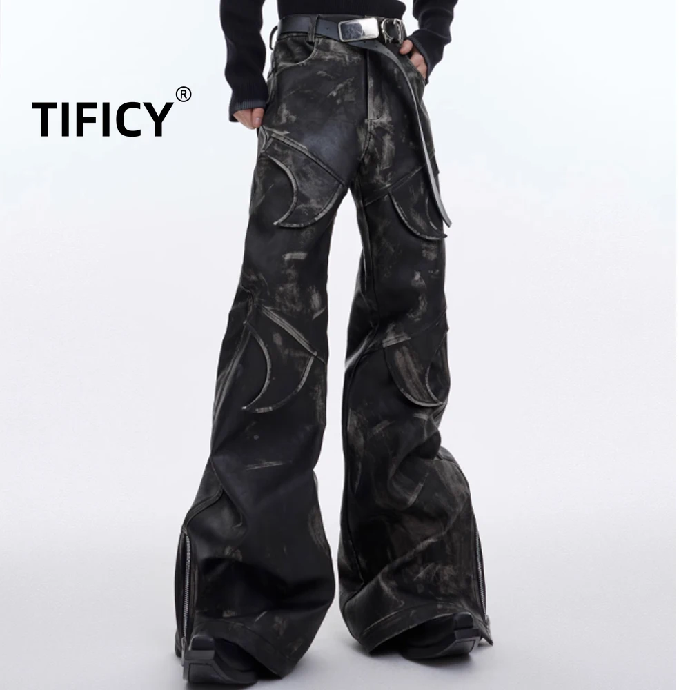 

High Street Dark Pants Men's Retro Vintage Scratch Leather Micro Flared Leather Pants Heavyweight Split Design Casual Pants