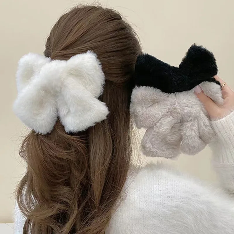 

New Winter Cute Plush Bowknot Hairpin Women Korean Simple Solid Color Bow Hair Clips Large Barrette for Girls Hair Accessories