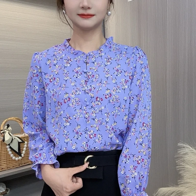 Spring Autumn Fashion Printing V-neck Long Sleeve Blouses Women\'s Clothing Edible Tree Fungus Floral Button Loose Simplicity Top