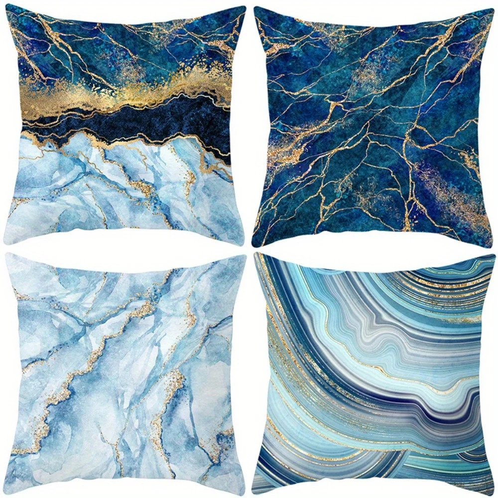 4pcs Blue marble pattern Single-sided printing Short plush Suitable for living rooms bedrooms sofas (excluding pillow cores)