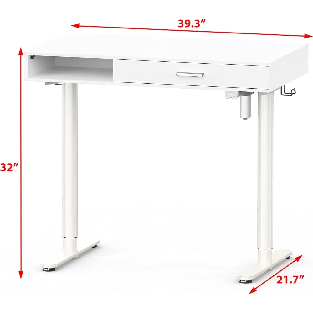 Escritorio de pie eléctrico con cajón, altura ajustable, 40 pulgadas, blanco