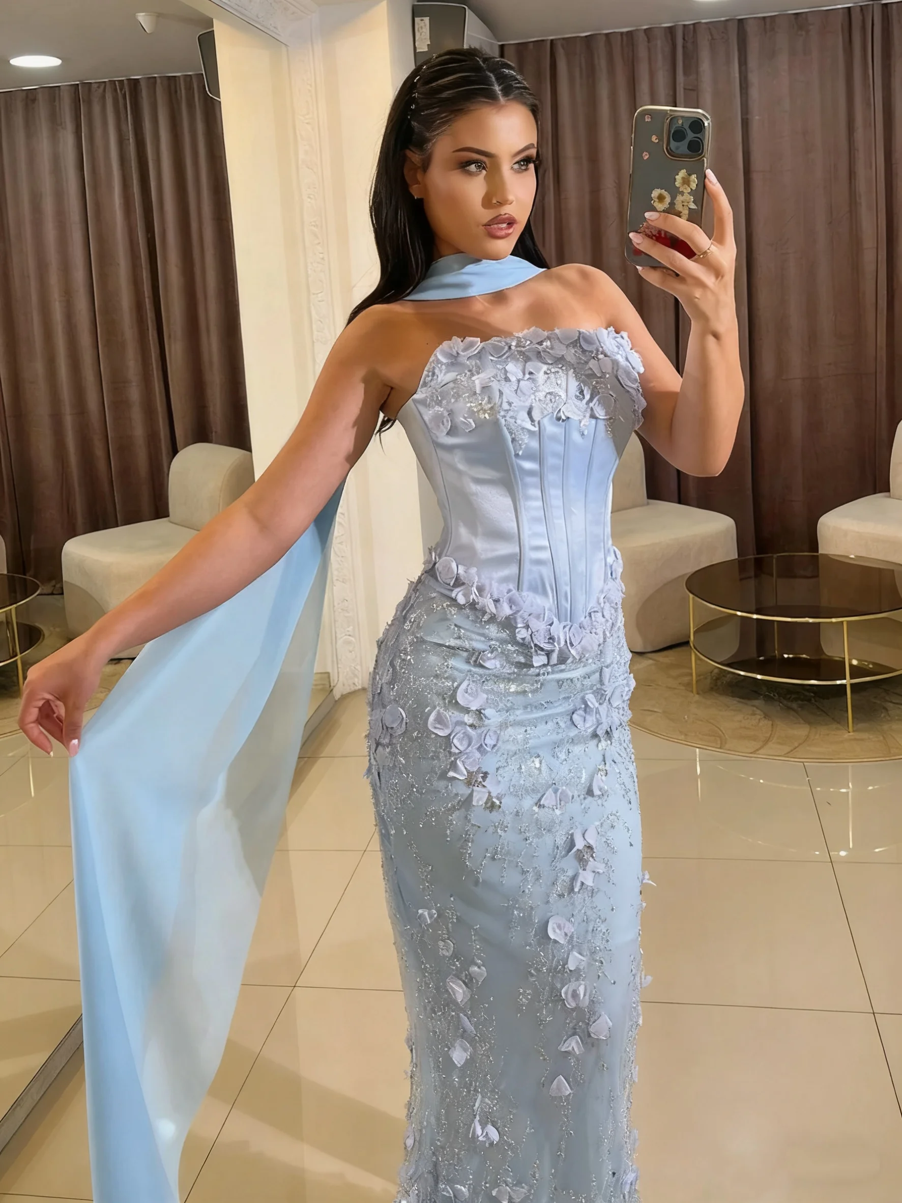 Elegante abito da sera arabo con decalcomania 3D a sirena, maniche a scialle senza spalline, abito da festa in pizzo, occasione formale, abito da ballo, personalizzazione
