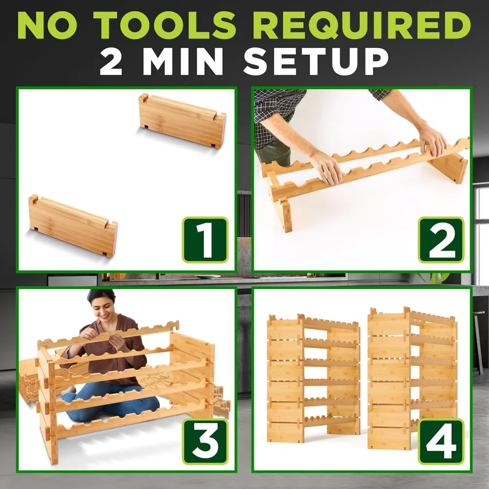 Stackable Bamboo Wine Rack, 108 Bottle Capacity, Easy No-Tool Assembly for Kitchen or Bar Storage