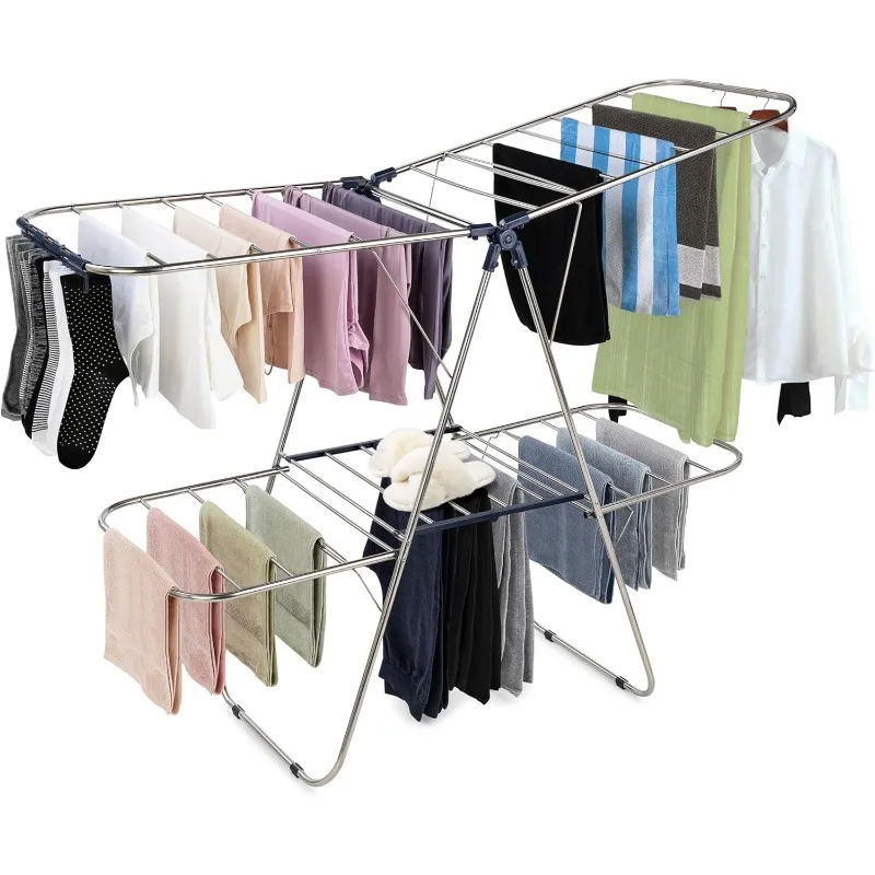 

Clothes Drying Rack Foldable - 2 Level Stainless Steel Laundry Drying Rack with Height-Adjustable Wings, 33 Drying Rails